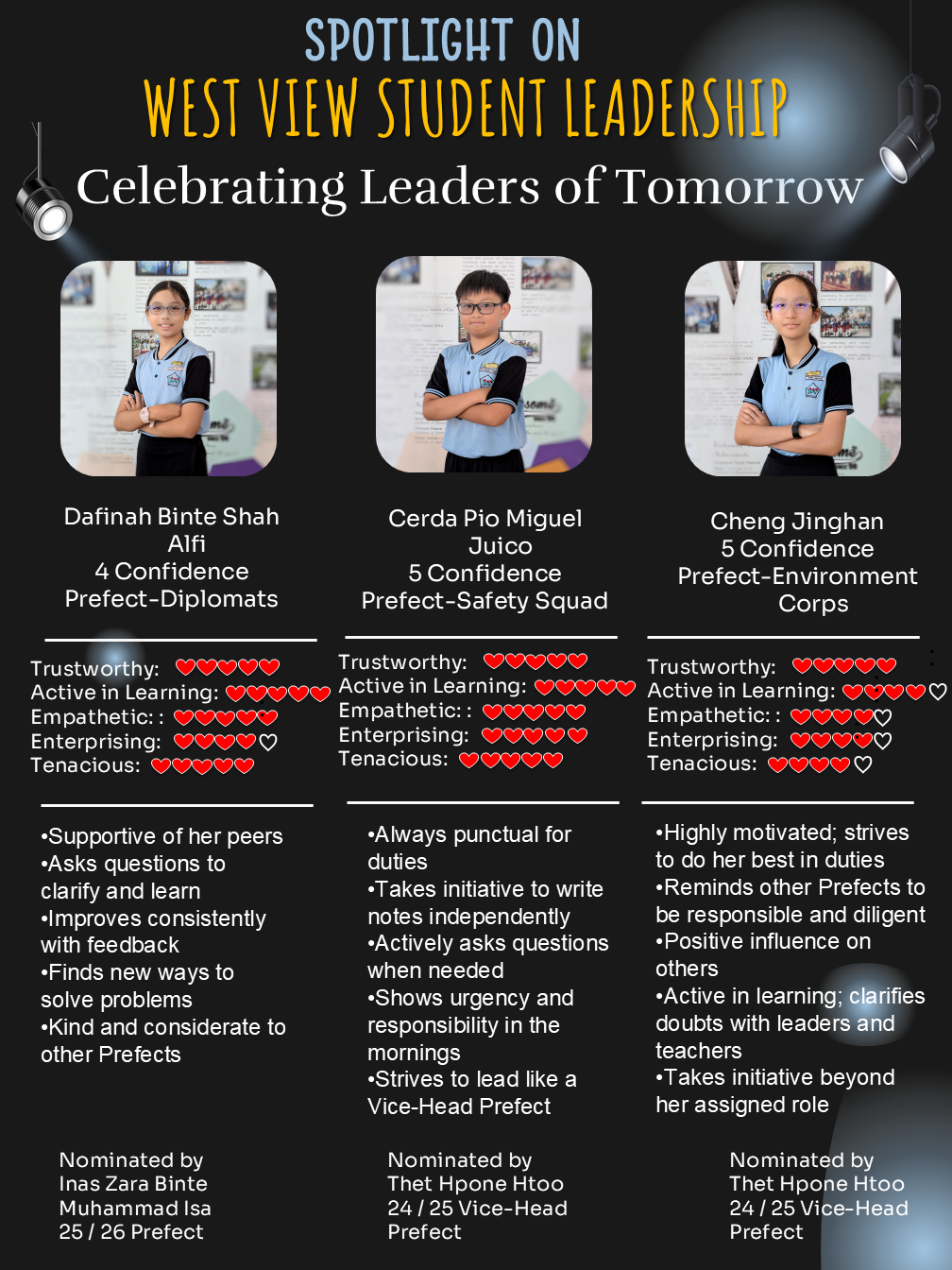 The poster features prefects Dafinah Binte Shah Alfi, Cerda Pio Miguel Juico, and Cheng Jinghan, who are recognised for displaying West View’s TALENT values. Their peers commend them for being supportive, punctual, responsible, motivated, considerate, eager to learn, and willing to take initiative.